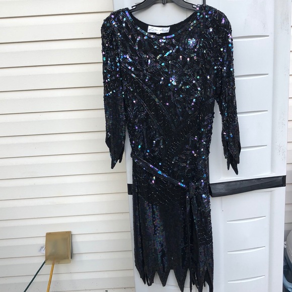 VINTAGE LILLIE RUBIN BLACK SEQUIN Dress-M - Picture 1 of 8